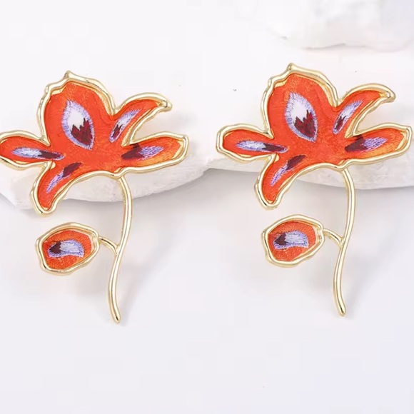 Zara Jewelry - Unique Floral Gold and Orange Statement Earrings